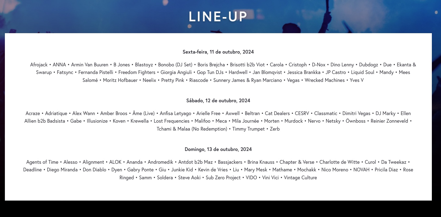 Line up. Foto: Reprodução/TomorrowlandBrasil