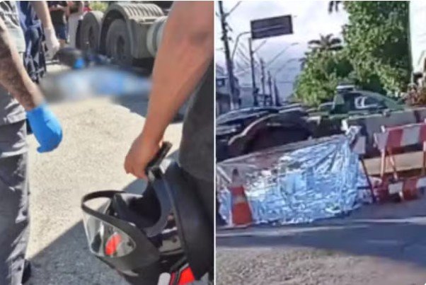 Motociclista de app morre atropelado por caminhão; passageiro pula de moto e sobrevive