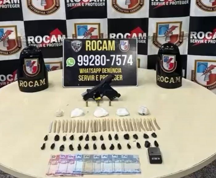 Criminosos abandonam arma e drogas ao darem de cara com a Rocam em Manaus