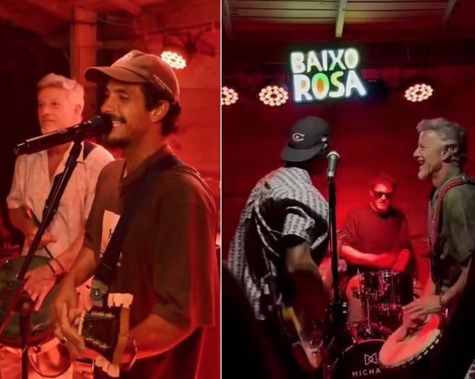 Marcello Novaes faz participação em show da banda dos filhos Diogo e Pedro
