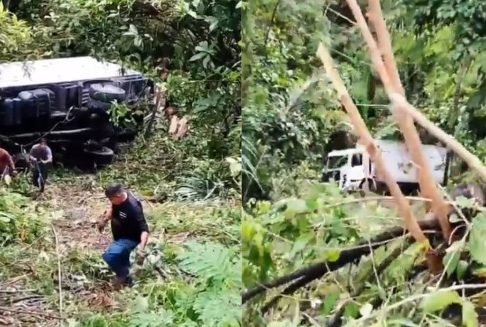 Caminhão desgovernado cai em área de mata no Distrito Industrial de Manaus; vídeo