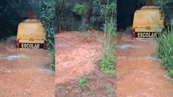 Ônibus escolar fica ilhado em enxurrada com oito crianças no Paraná