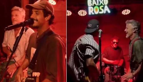 Marcello Novaes faz participação em show da banda dos filhos Diogo e Pedro