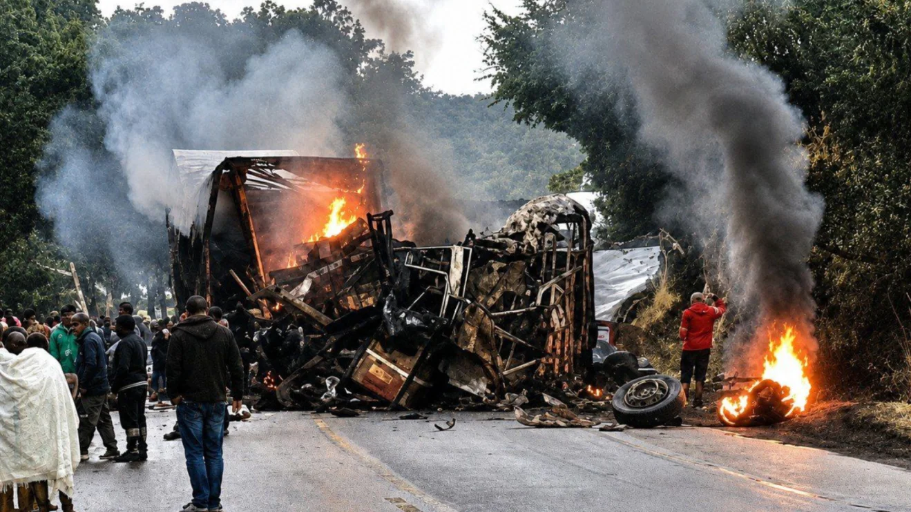 Cenário de guerra: colisão entre ônibus e carreta deixa oito mortos carbonizados