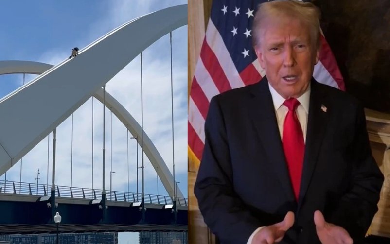 Ativista escala ponte em Washington e protesta contra Trump; vídeos