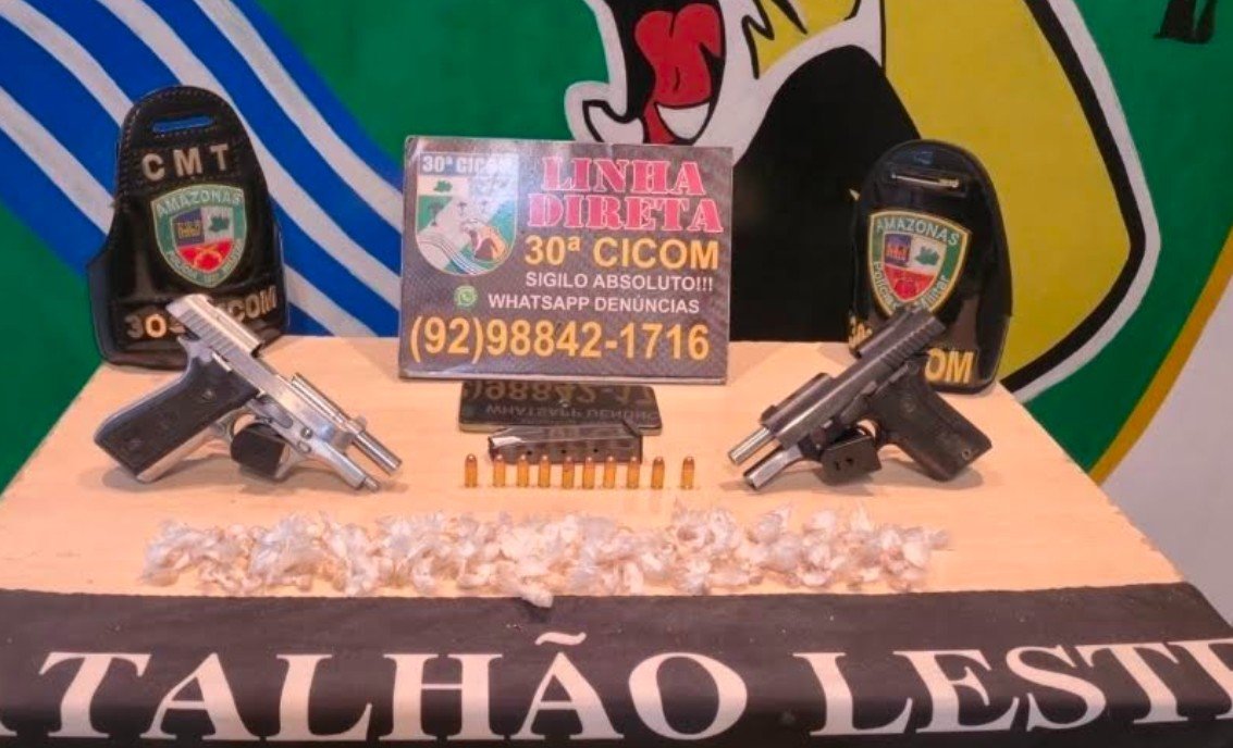 Mulher é presa e adolescente apreendido com pistolas e drogas em Manaus