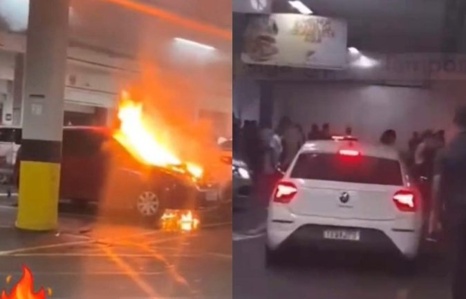 Carro pega fogo no estacionamento do supermercado DB na Ponta Negra; vídeo