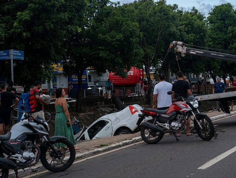 Carro despenca dentro de igarapé na Av. Brasil na Compensa