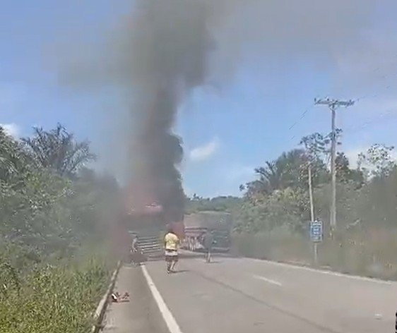 Incêndio destrói carreta e interdita trecho da BR-174; veja vídeo
