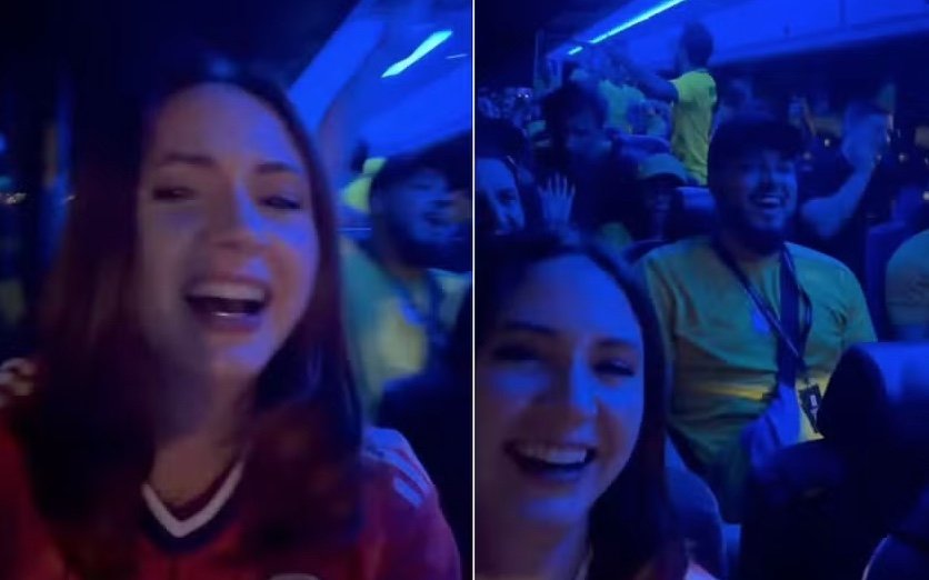 Estrela da Marvel, Karen Gillan pega ônibus da torcida brasileira por engano e brinca com situação