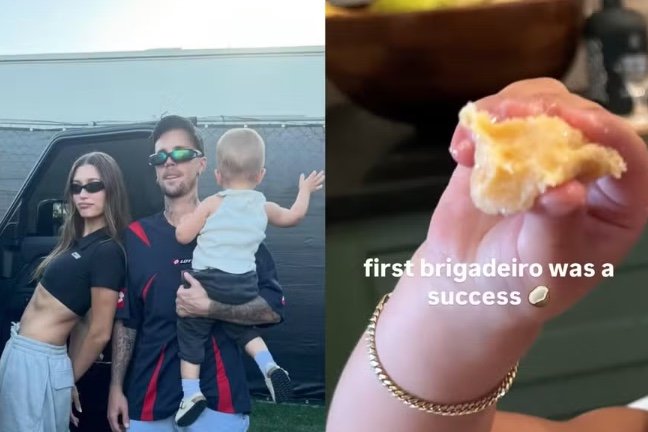 Filha de brasileira, Hailey Bieber mostra filho provando brigadeiro pela 1ª vez