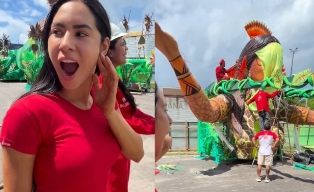 Isabelle Nogueira é homenageada pelo Garantido com escultura do próprio rosto em alegoria; veja
