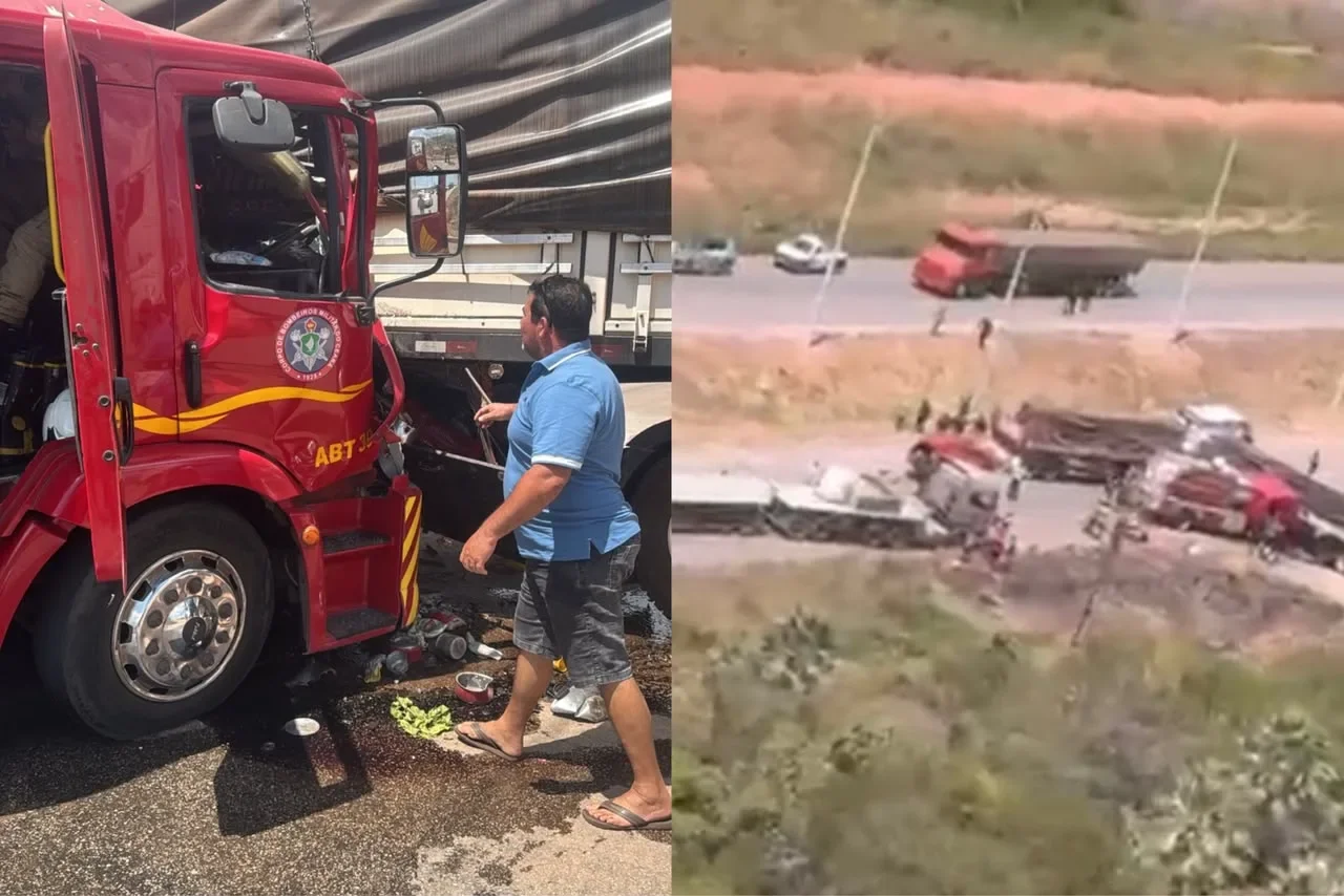 Viatura dos bombeiros bate em carreta na CE-155 e deixa cinco militares feridos
