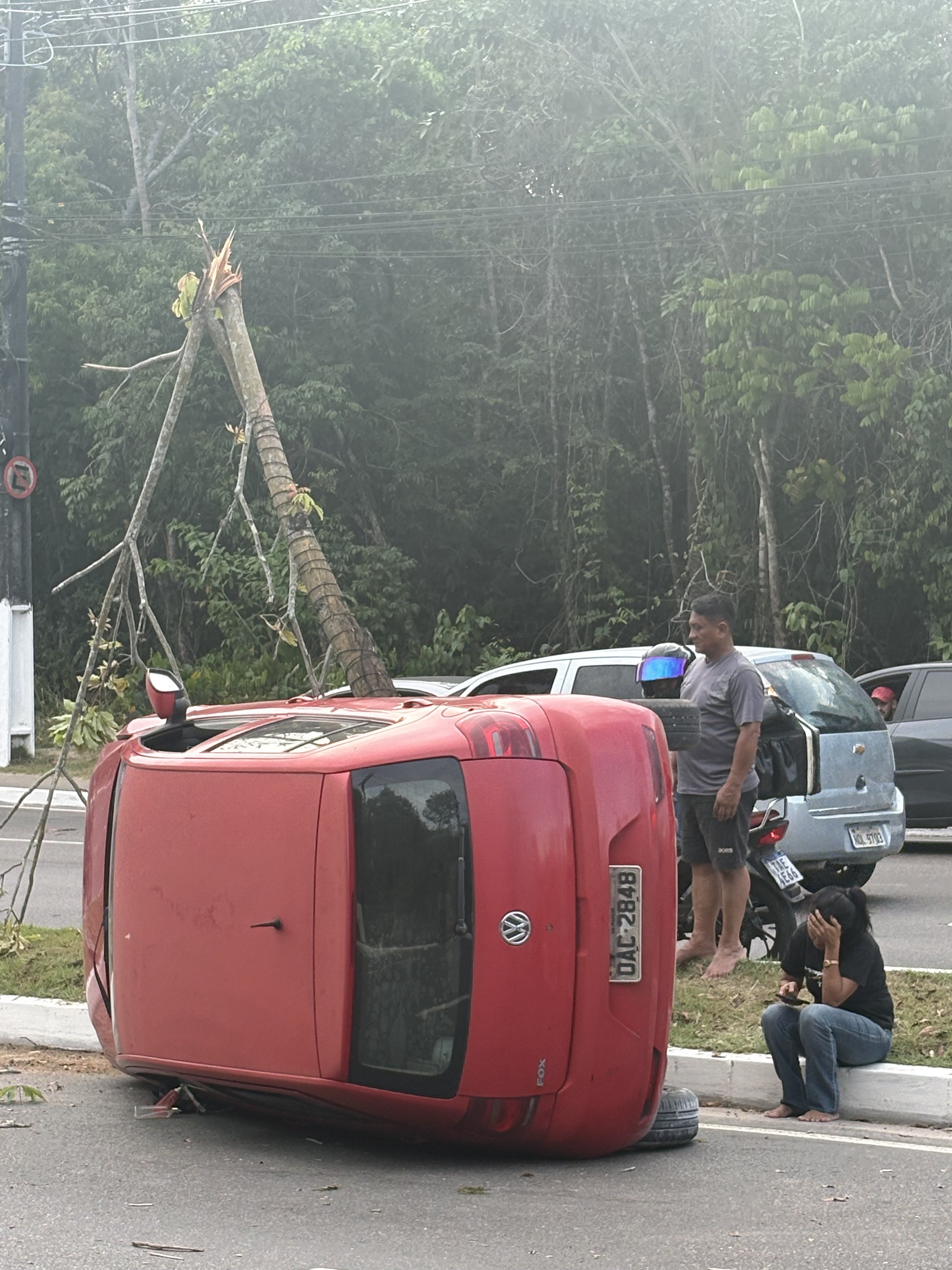 Carro capota na Avenida do Turismo após colidir com árvore
