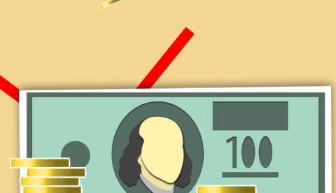 Creative illustration with dollar bill and coins representing financial concept on yellow background
