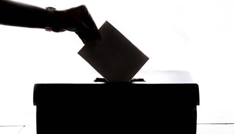 Silhouette of a hand placing a vote into a ballot box, symbolizing democracy.