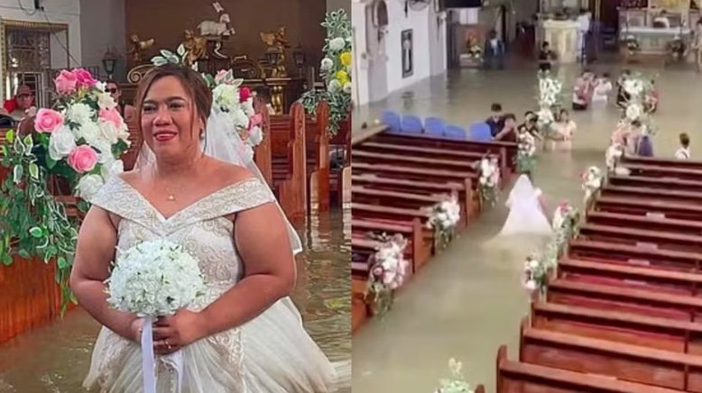 Noiva atravessa igreja alagada com água pela cintura para manter casamento