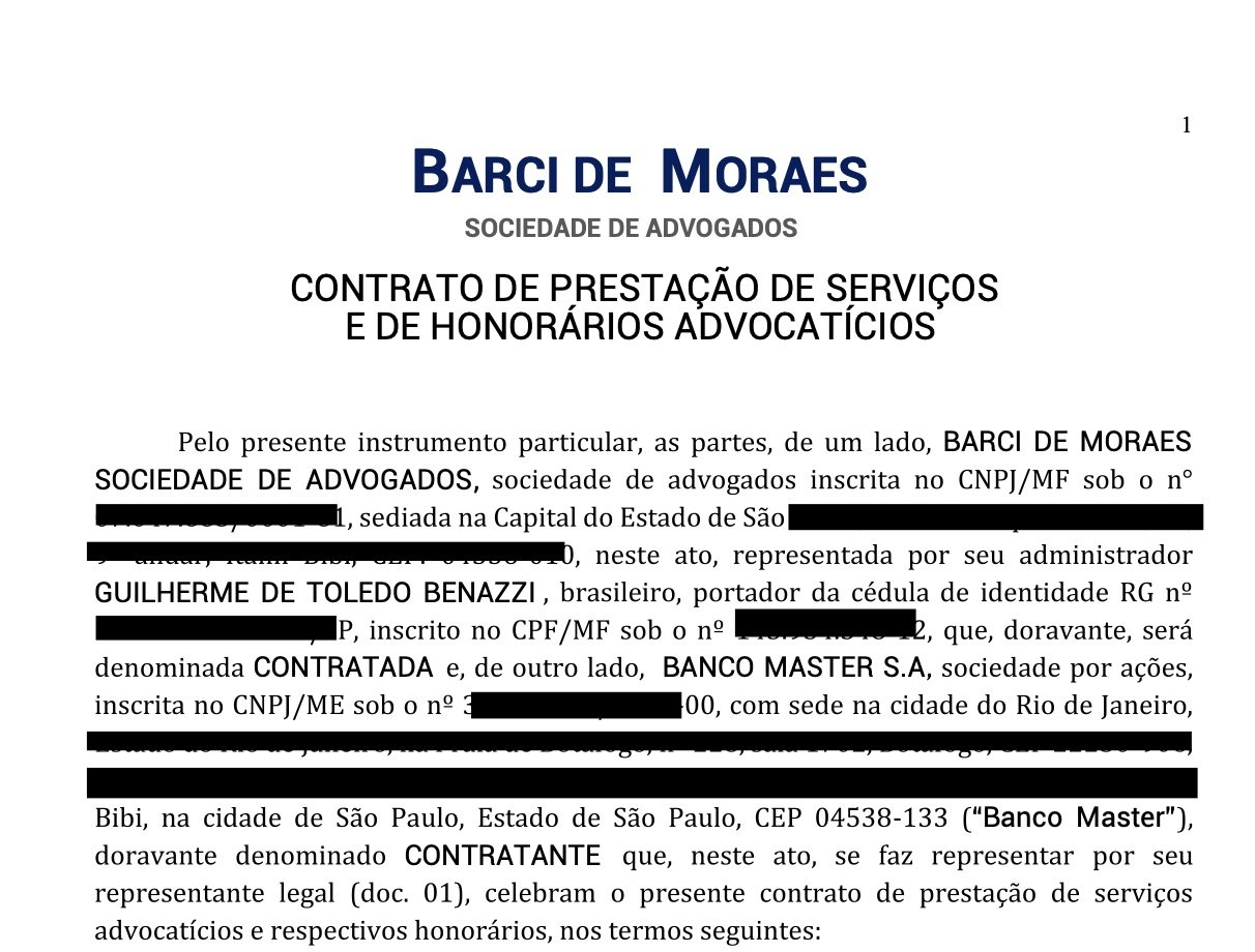 Leia na íntegra o contrato de R$ 108 milhões entre o escritório de Viviane Barci e o Master