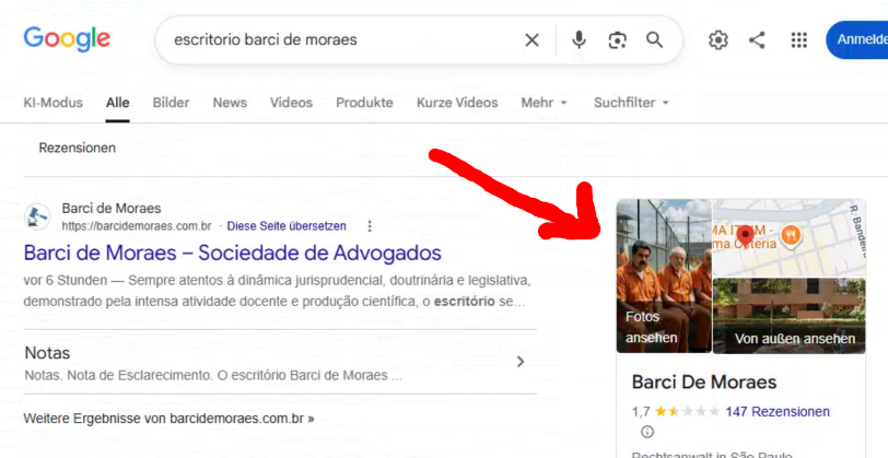 Perfil do escritório Barci de Moraes no Google é alvo de montagem com Lula e Maduro em uniforme de presidiário