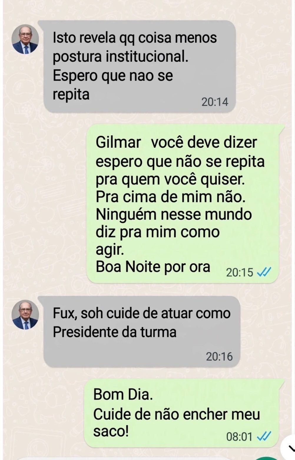 Fux revida cobrança de Gilmar Mendes e manda: "não encher o saco"
