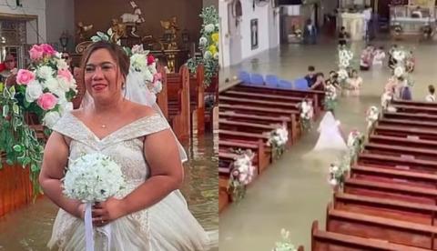 Noiva atravessa igreja alagada com água pela cintura para manter casamento
