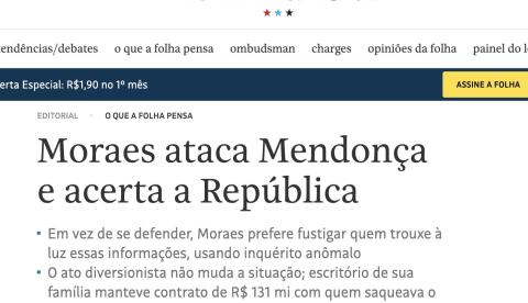 Editorial de jornal acusa Moraes de usar o cargo para atacar Mendonça