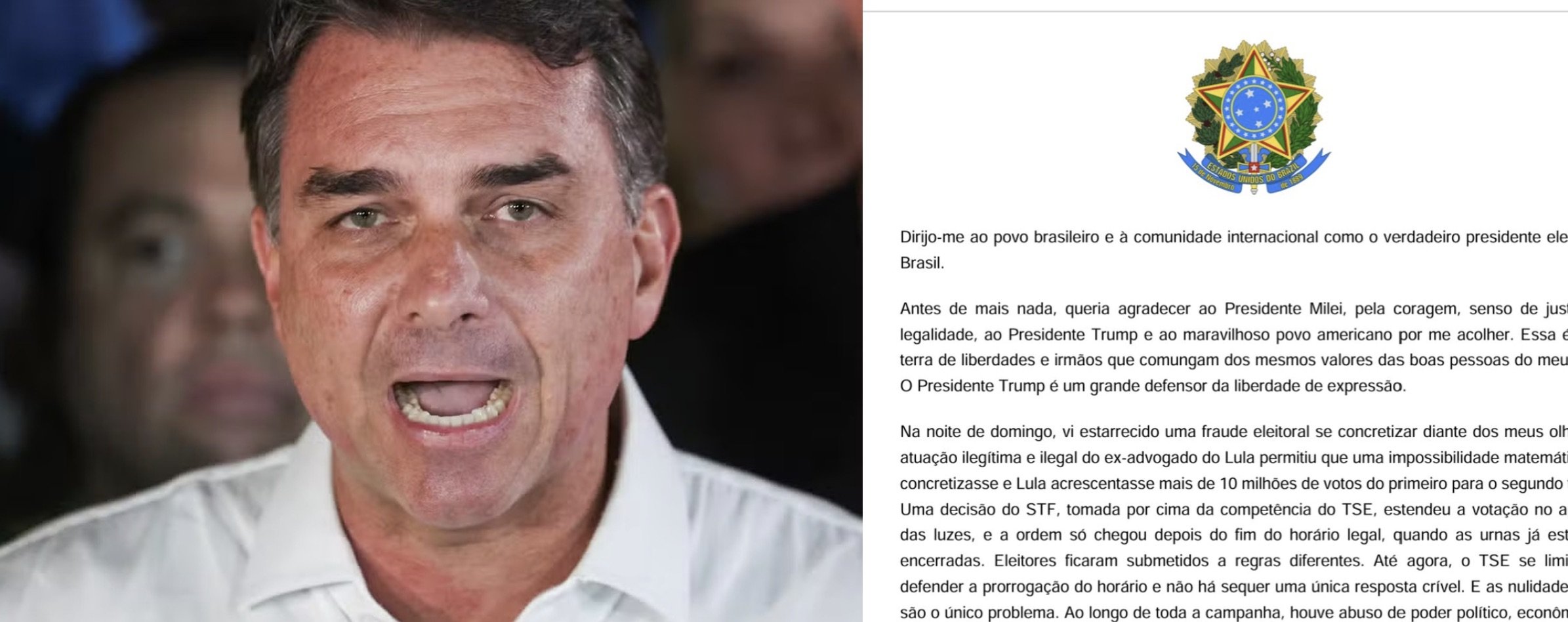 Dos EUA, Flávio Bolsonaro divulga carta e se proclama "verdadeiro presidente eleito"