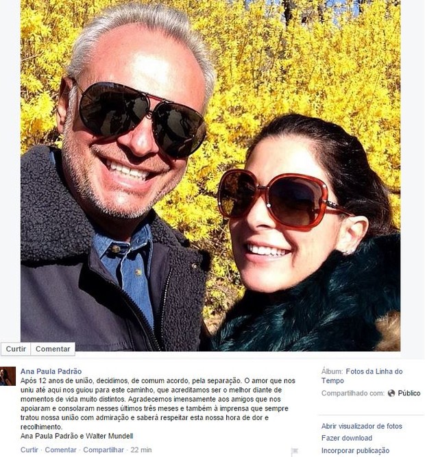 Ana Paula Padrão anuncia fim do casamento com Walter Mudell