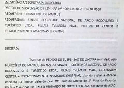 Estacionamento: TJAM derruba liminar que favorecia shoppings