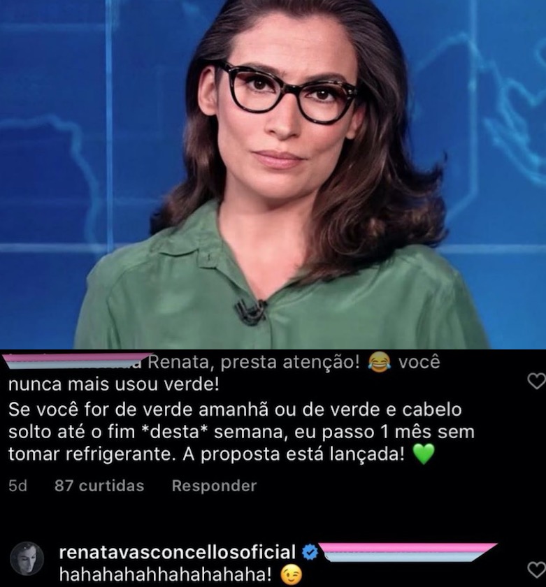 Renata Vasconcellos aceita desafio de seguidora e usa verde no Jornal Nacional