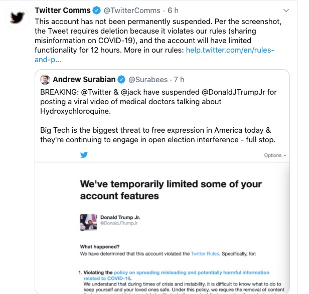Filho de Trump tem conta de rede social suspensa após post sobre hidroxicloroquina