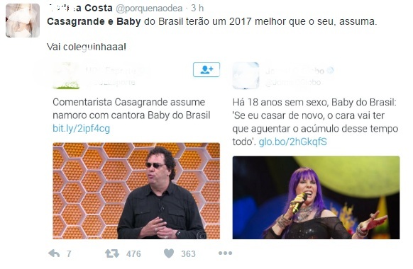  Baby do Brasil e Casagrande chocam Internet ao assumirem namoro