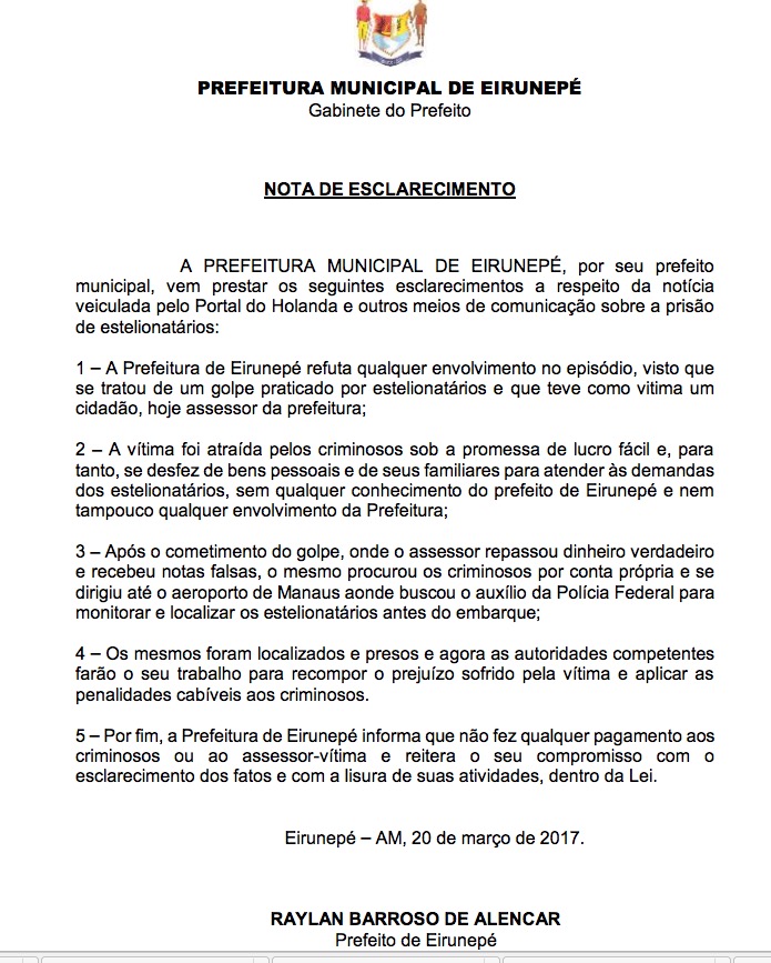 Prefeitura de Eirunepé nega envolvimento em caso de estelionato