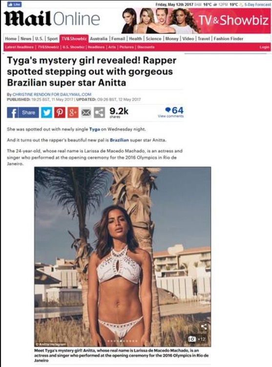 Anitta vira destaque em imprensa internacional após sair com ex de Kylie Jenner