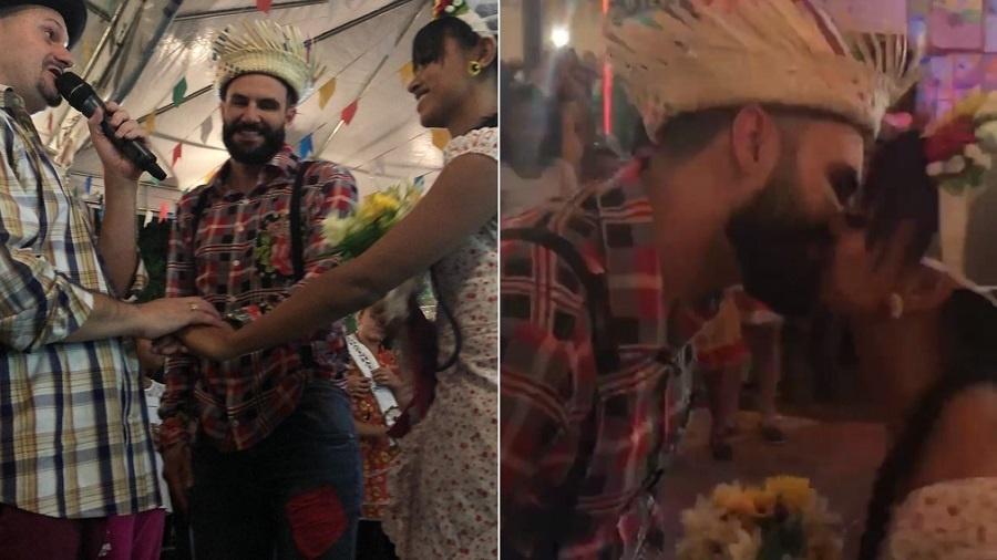 Vestidos de caipira, Gleici e Wagner se 'casam' em festa junina