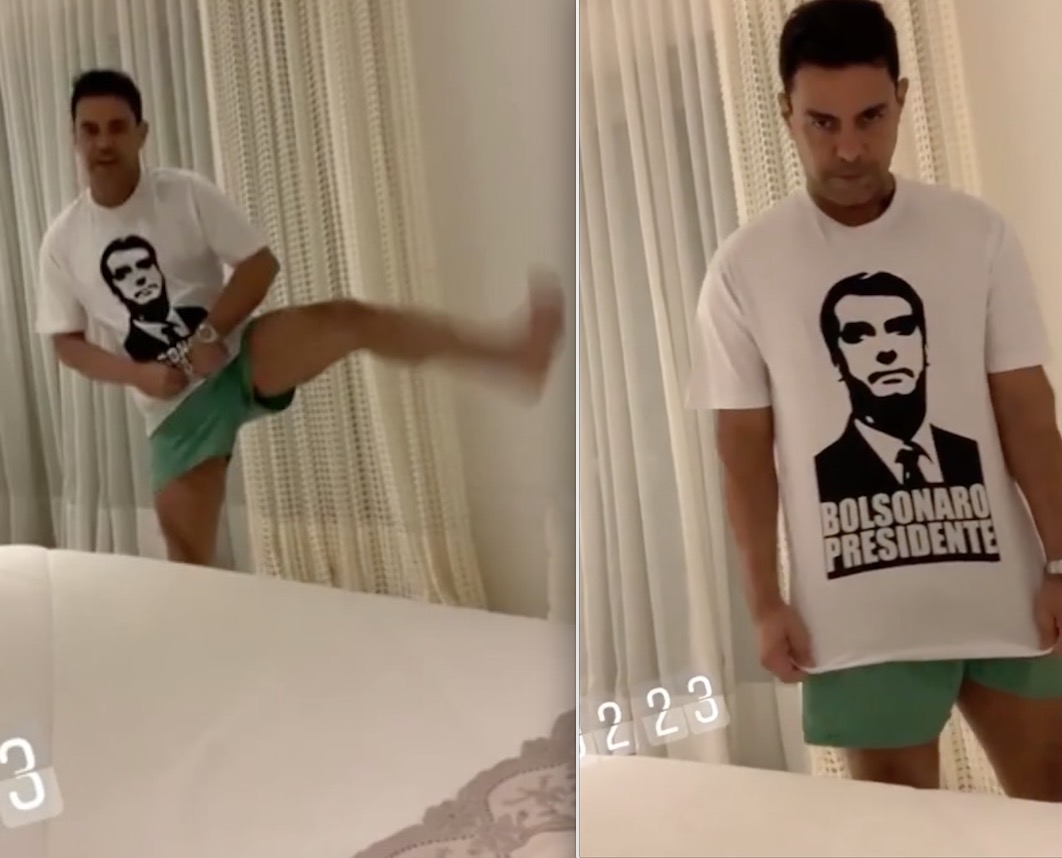 Zezé Di Camargo usa camisa com imagem de Bolsonaro para dormir