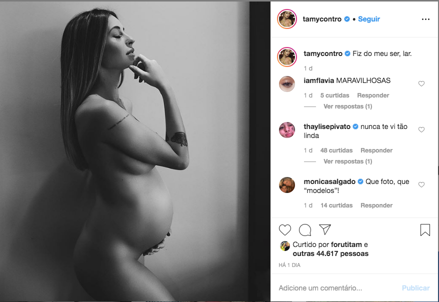 Tâmara Contro, mulher de Projota, posa nua e exibe a barriga no sexto mês de gestação