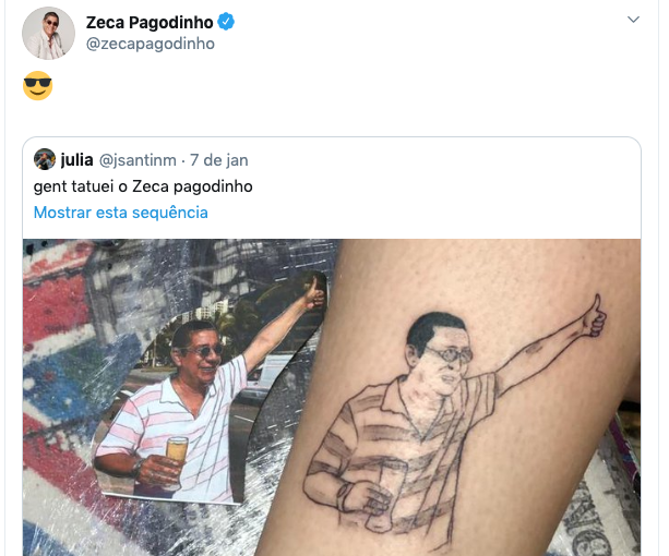 Fãs mostram tatuagem com meme de Zeca Pagodinho e cantor aprova 