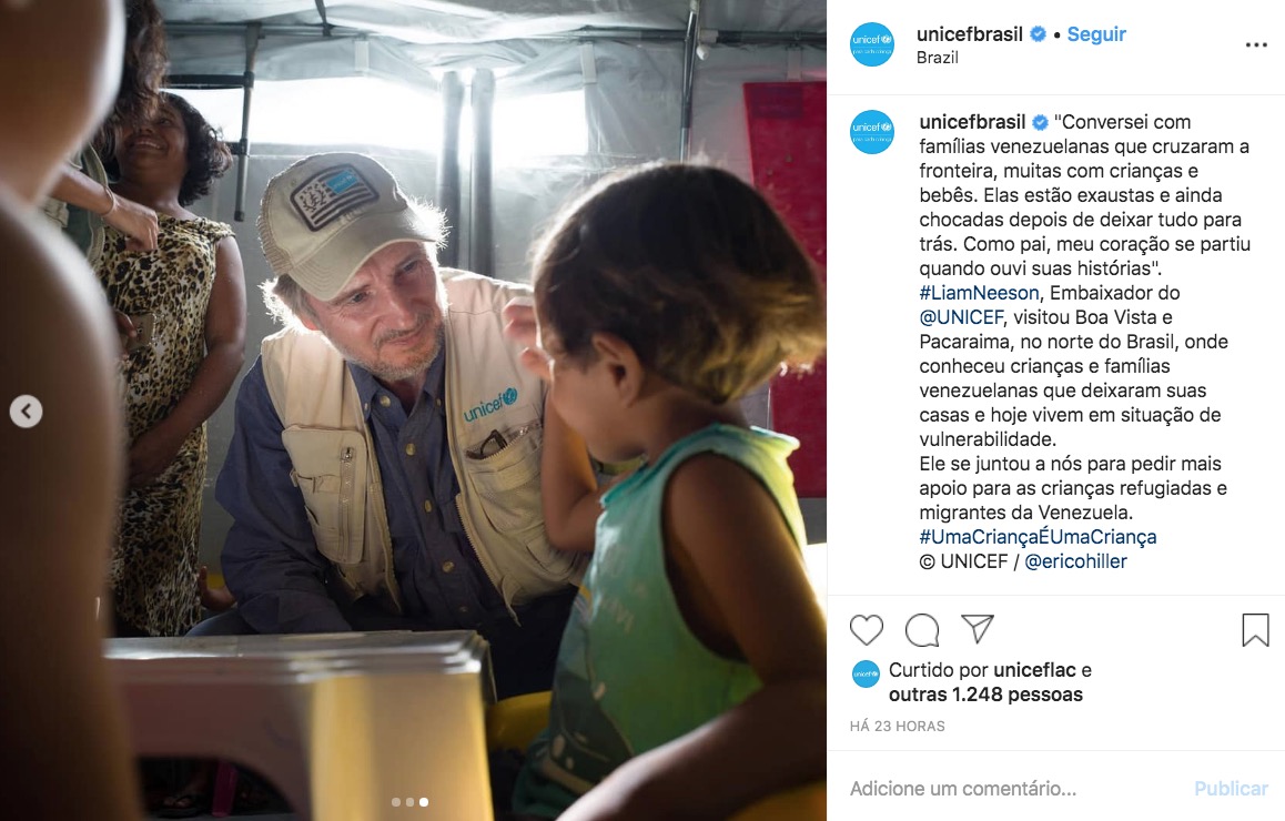 Em visita a Roraima, ator Liam Neeson faz apelo sobre imigrantes venezuelanos
