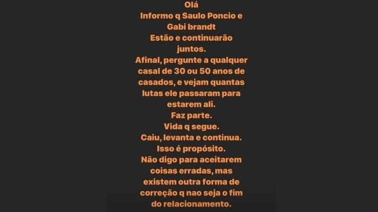 'Saulo Pôncio e Gabi Brandt estão e continuarão juntos', diz pai de cantor, após rumores de traição