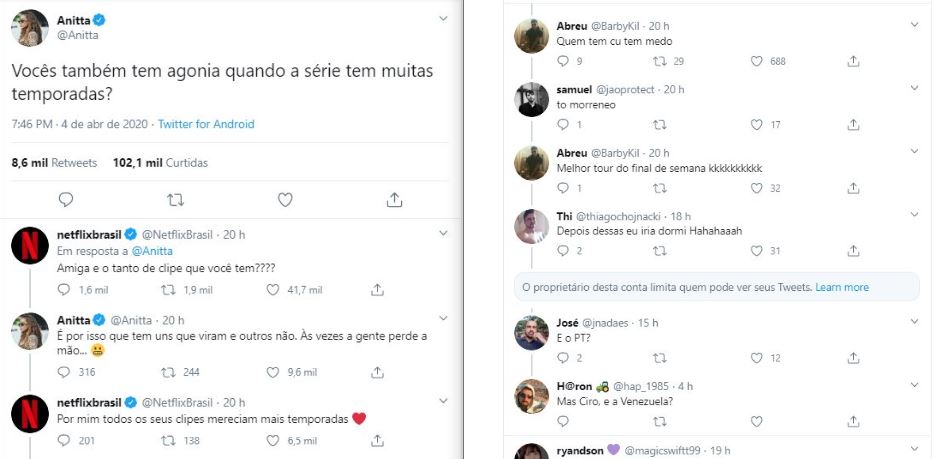 Anitta e Netflix 'batem-boca' no Twitter e internauta dispara: 'e o PT?'