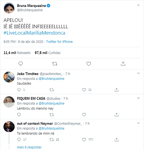 Bruna Marquezine canta hits de Marília Mendonça e internautas disparam: 'Alô Neymar'