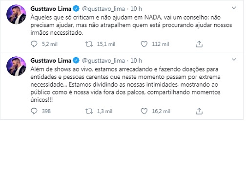 Gusttavo Lima desabafa sobre críticas às lives: 'Não precisam ajudar, mas não atrapalhem'
