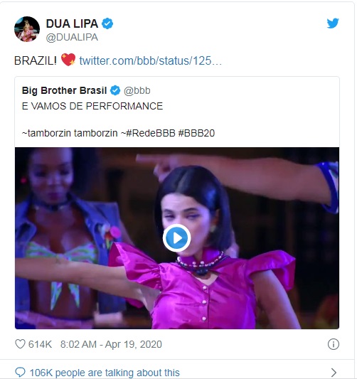 Dua Lipa compartilha vídeo em que Manu Gavassi dança com brothers no BBB20: 'tamborzin tamborzin'