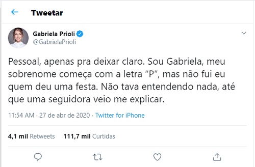 Gabriela Prioli é confundida com Pugliesi após polêmica da festa durante quarentena