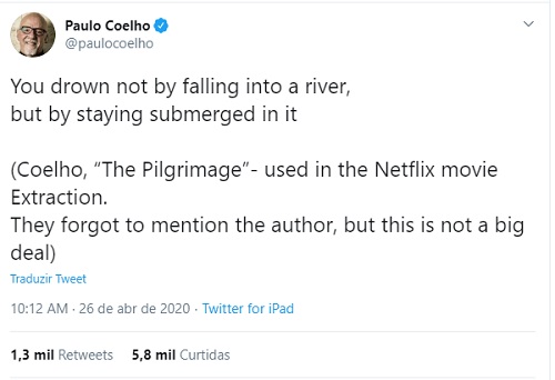 Paulo Coelho revela que usaram frase de seu livro no filme 'Resgate' sem dar crédito