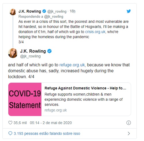JK Rowling, escritora de Harry Potter, anuncia doação de R$ 6,8 milhões para afetados por pandemia