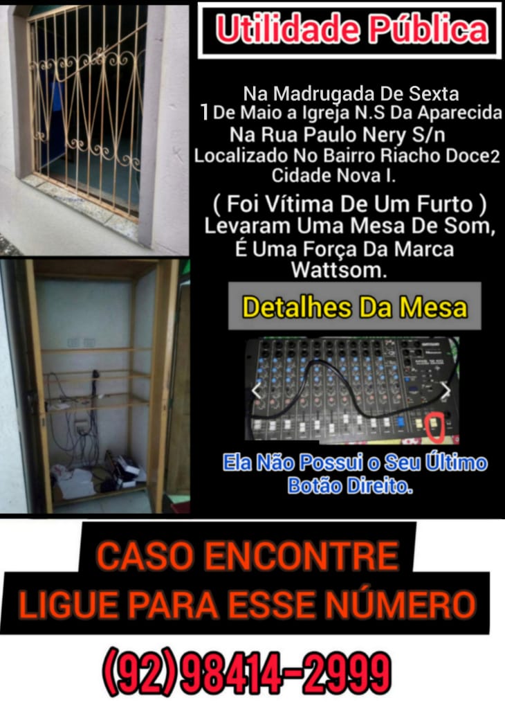 Em Manaus, igreja é invadida por bandidos e tem aparelhagem de som roubada 
