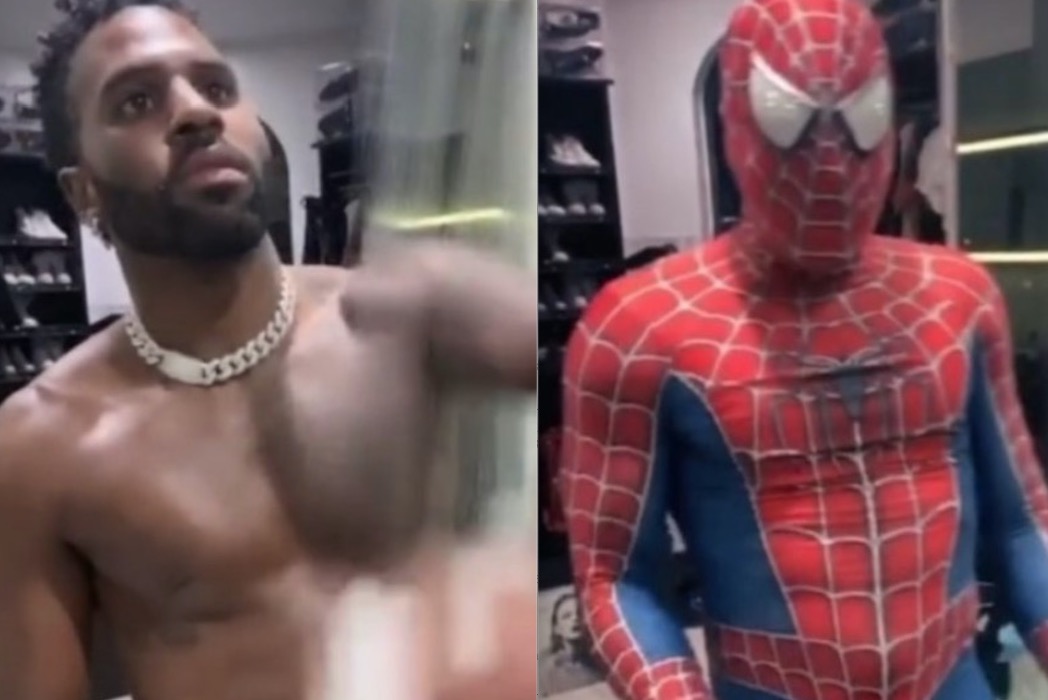 Jason Derulo se veste de homem-aranha e ‘volume extra’ chama atenção: ‘anaconda?’