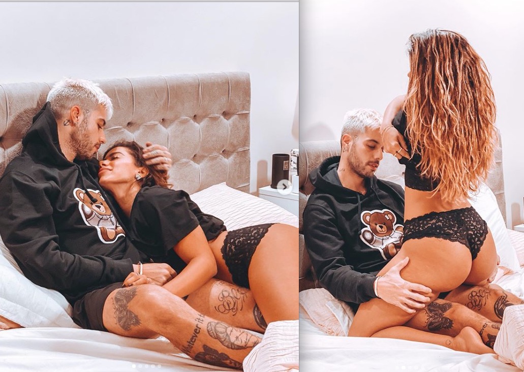 De calcinha, Anitta aparece montada em namorado e comemora data romântica